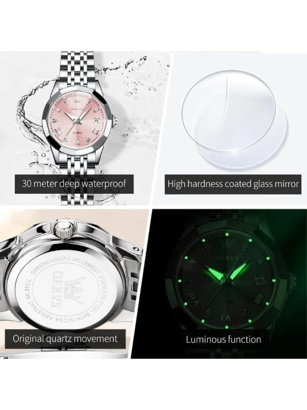 Women's Silver Pink Diamond Analog Stainless Steel Waterproof Date Wrist Watch